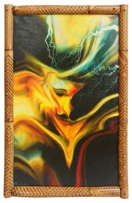 a painting of a yellow and black abstract painting on a bamboo frame