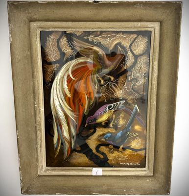 an oil painting of a horse and a bird in a frame