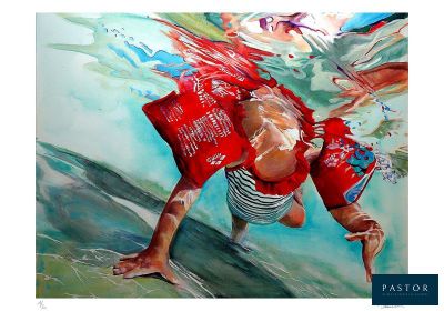 un tableau représentant un homme sur une planche de surf dans l'eau