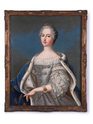 portrait of a lady in a white dress with a blue shawl