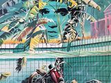 a painting of a man riding a motorcycle in a pool