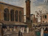 peinture d'une scène de rue avec une tour d'horloge en arrière-plan