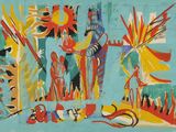 une peinture représentant un groupe de personnes debout devant un fond bleu