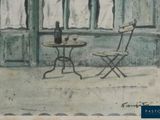 a painting of a table and two chairs in front of a window