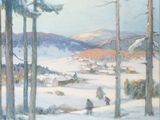 une image représentant un tableau où l'on voit des personnes marchant dans la neige