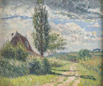 an image of a painting of a country road with a barn in the background
