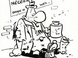 cartoon drawing of a man sitting on the ground with a sign in front of him
