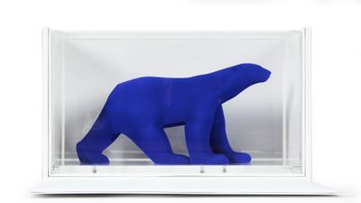 un ours polaire bleu dans une vitrine posée sur une surface blanche