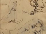 croquis d'un homme et d'une femme sur une plage, près d'un arbre