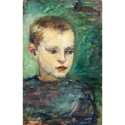 un tableau représentant un garçon en chemise noire sur fond vert