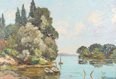 une peinture à l'huile représentant une rivière avec des arbres et un bateau sur l'eau