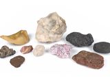 rocks and stones are arranged on a white surface
