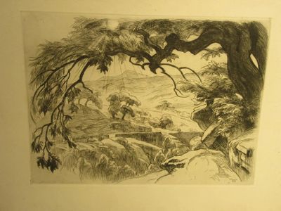 une image représentant un dessin de paysage avec des arbres et une rivière