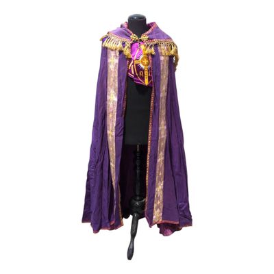 a close up of a purple and gold cloak on a mannequin