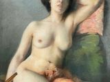 painting of a nude woman sitting on a bed with a fan