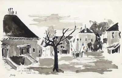 a drawing of a tree in front of a building