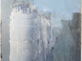 une peinture à l'huile représentant un château blanc avec un ciel bleu en arrière-plan