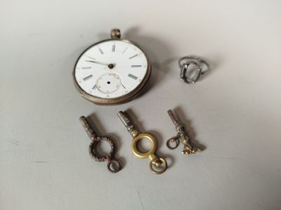 une petite montre de poche et plusieurs clés posées sur la table