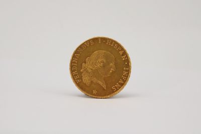a close up of a gold coin on a white surface