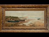 an oil painting of boats on the beach by a body of water