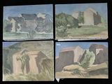 four different paintings of a building and a tree in a field