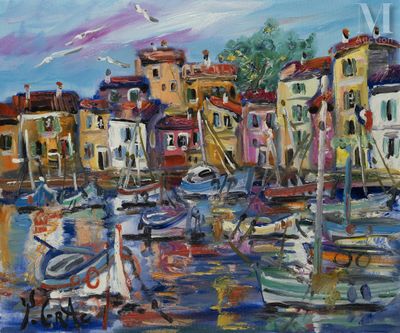 painting of boats in a harbor with buildings and seagulls in the background