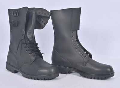 pair of black combat boots on a white background