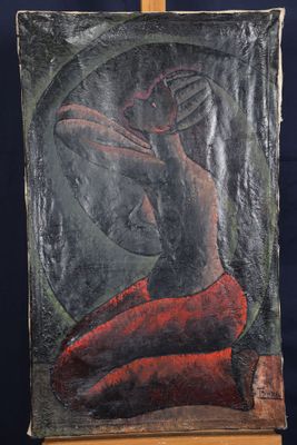 painting of a woman sitting on a wooden easel with a black background