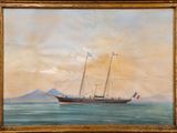 une peinture à l'huile représentant un bateau en mer, avec une montagne en arrière-plan