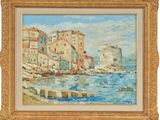 un tableau représentant une vieille ville au bord de l'eau