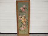tableau représentant des roses roses et jaunes sur fond vert, dans un cadre doré