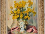 painting of yellow flowers in a vase on a table with a pink cloth
