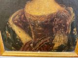 painting of a woman in a red dress with a gold crown