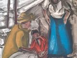 a painting of a woman and a man sitting on a bed