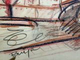 drawing of a man sitting on a bench next to a window