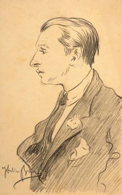 drawing of a man in a suit and tie with a bird on his shoulder