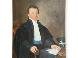 tableau représentant un homme vêtu d'une robe noire, assis à une table