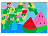 un tableau représentant des pastèques et des fleurs dans un vase