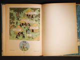 an open book with a picture of people and animals on it