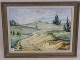 painting of a dirt road in a field with trees in the background