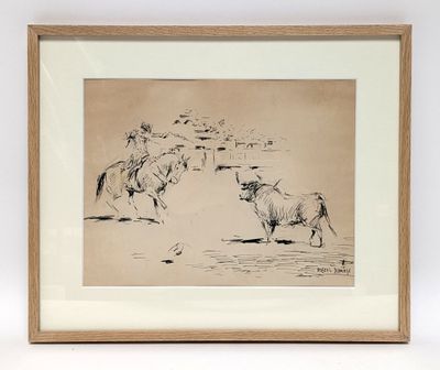 drawing of a herd of cattle in a pen and ink style