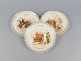 three plates with a picture of people riding on a horse drawn carriage