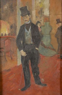 tableau représentant un homme en haut-de-forme et en pardessus, debout dans une pièce