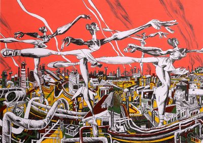 une peinture représentant un groupe de personnes sur un bateau dans l'eau