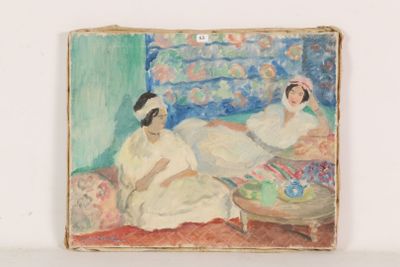 painting of two women sitting on a couch in front of a painting