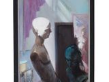 a painting of a woman looking into a mirror with a cat nearby