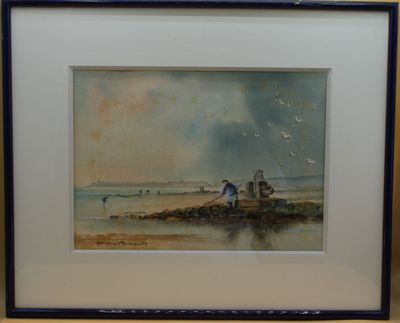aquarelle encadrée représentant un couple en train de pêcher sur la plage