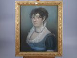 painting of a woman in a blue dress with a white lace collar