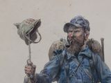 a drawing of a man with a hat holding a stick