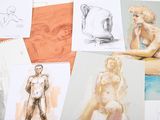 many drawings of a woman sitting on a table